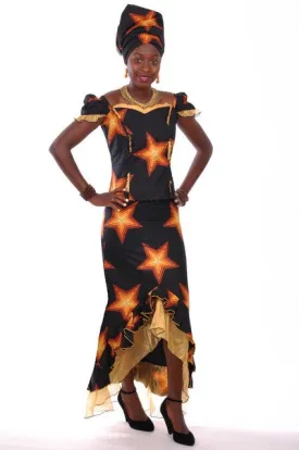 African Star Print Top and Skirt with Organza-DP3473