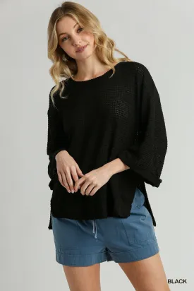 Black Waffle Knit 3/4 Sleeve Round Neck Top