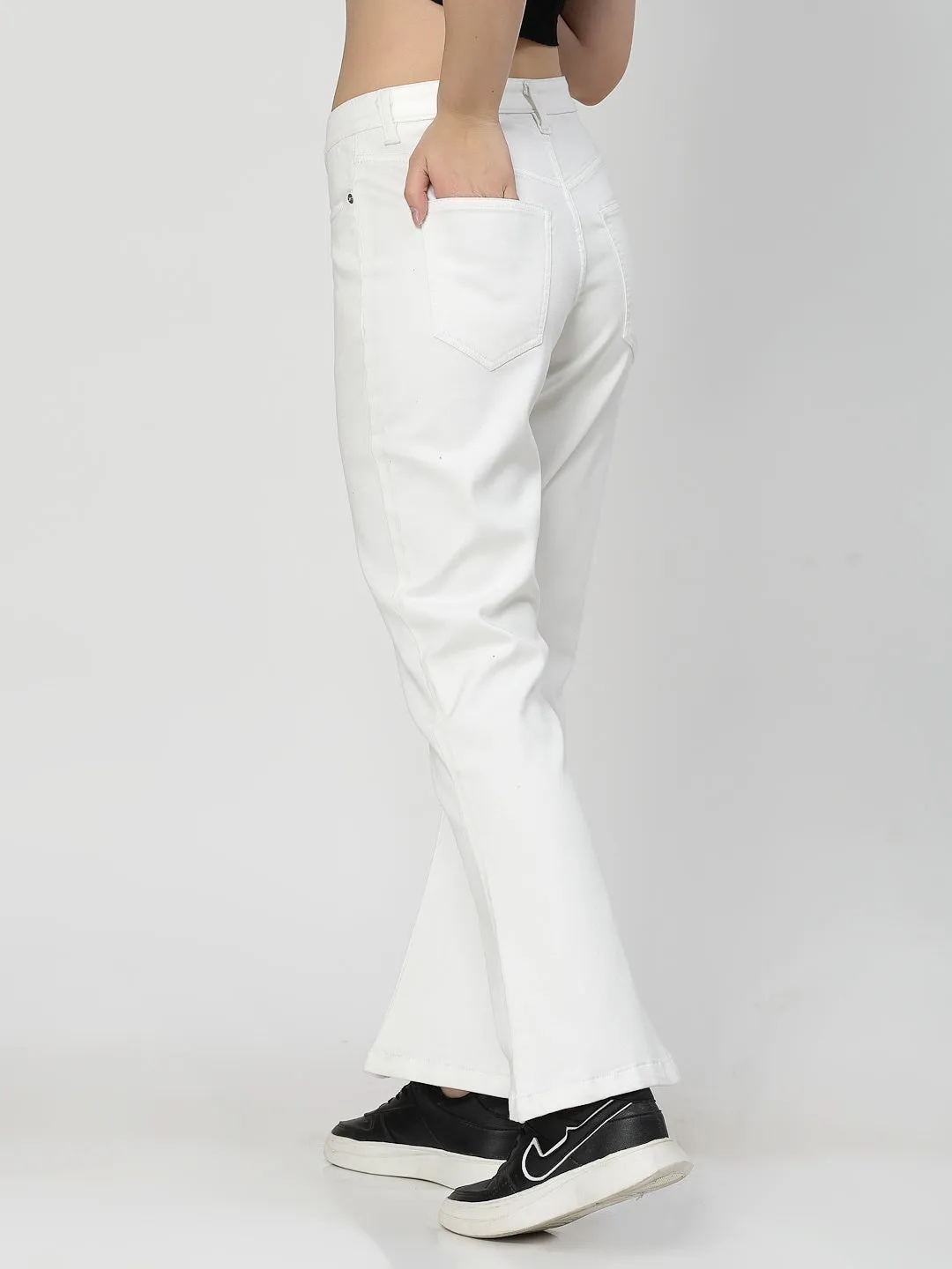 Bootcut White Cotton Blend Denim Plain Jeans For Women