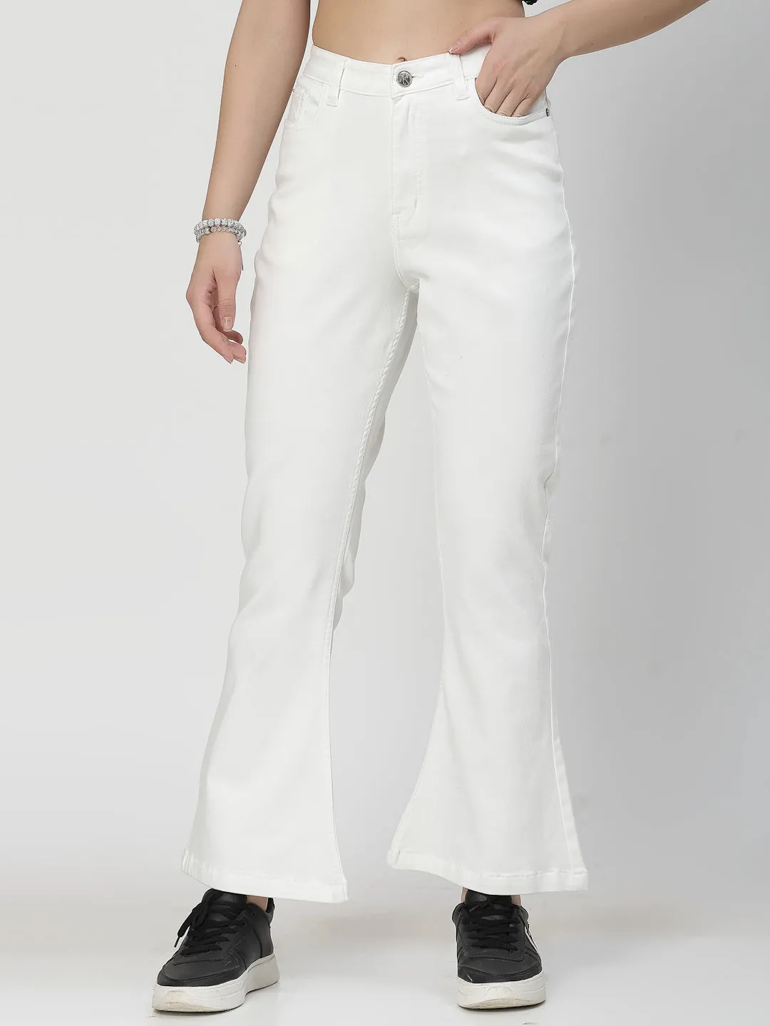 Bootcut White Cotton Blend Denim Plain Jeans For Women