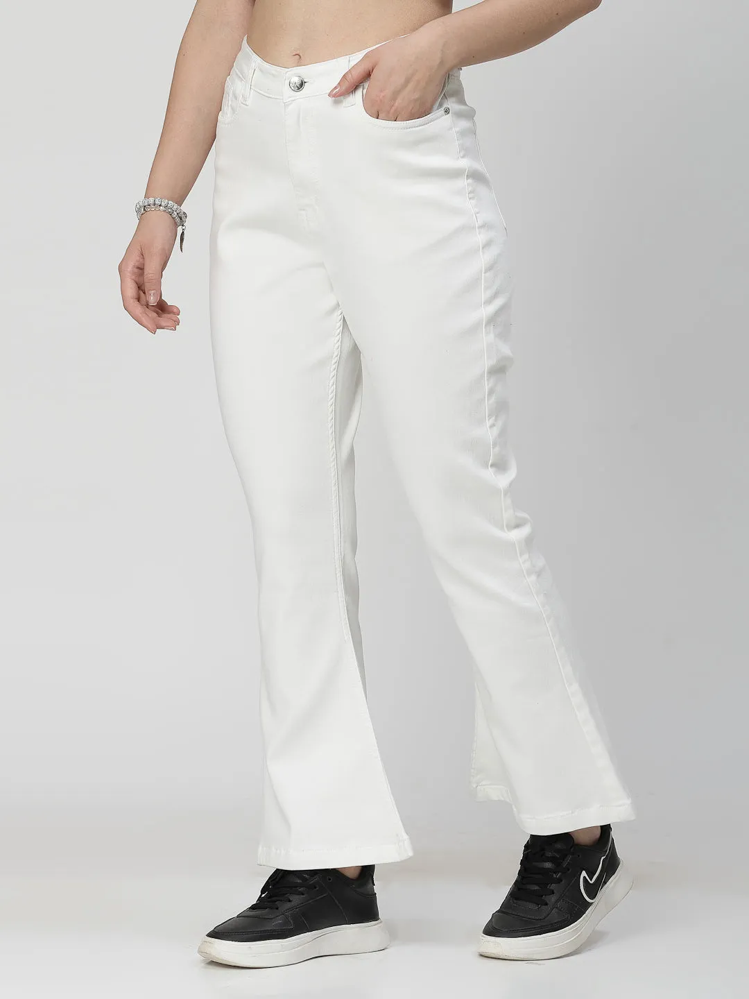 Bootcut White Cotton Blend Denim Plain Jeans For Women