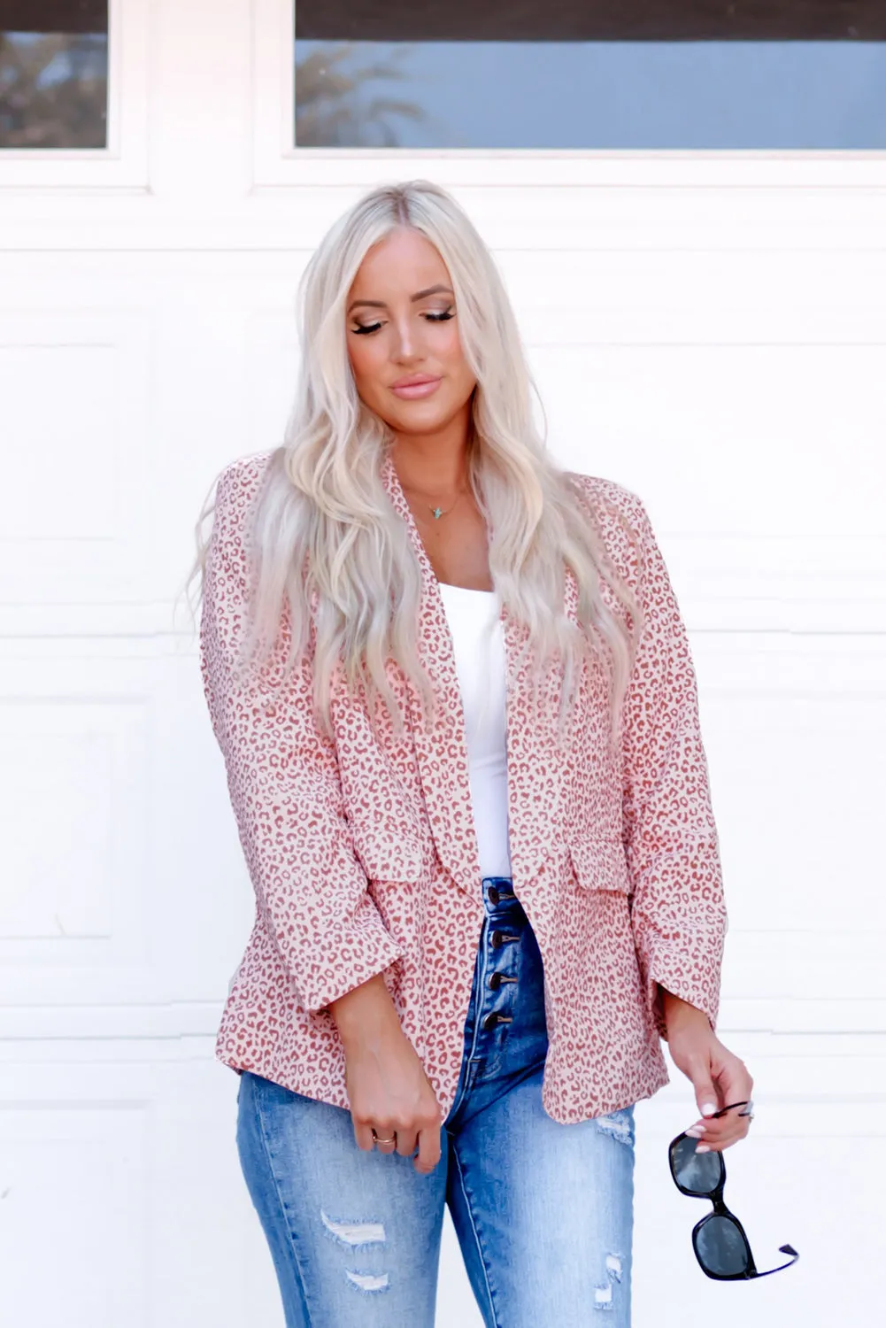 Pink 3/4 Sleeve Leopard Blazer