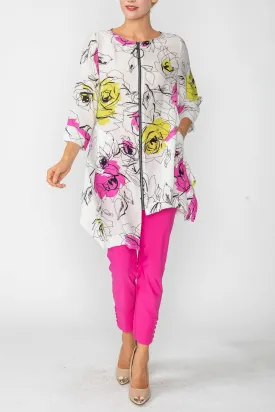 Pink Rose Print Zip-Front High-Low Tunic Top